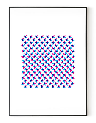 A portrait, abstract butterflies poster on white paper in a black frame, using cyan and magenta ink.