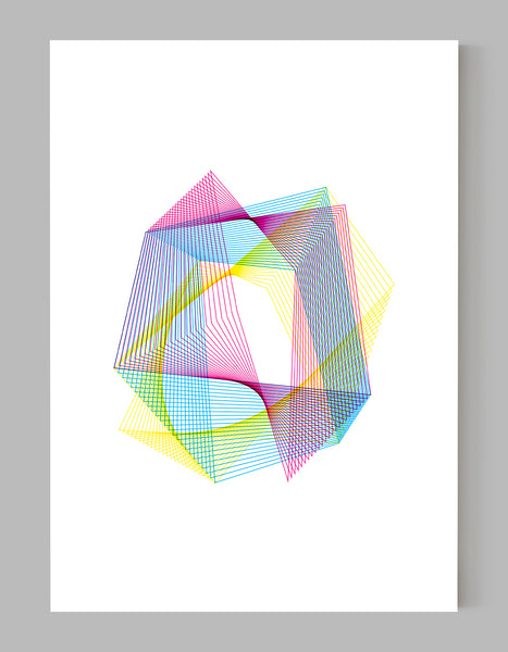 A portrait, abstract screen print on white paper, using cyan, magenta and yellow ink.