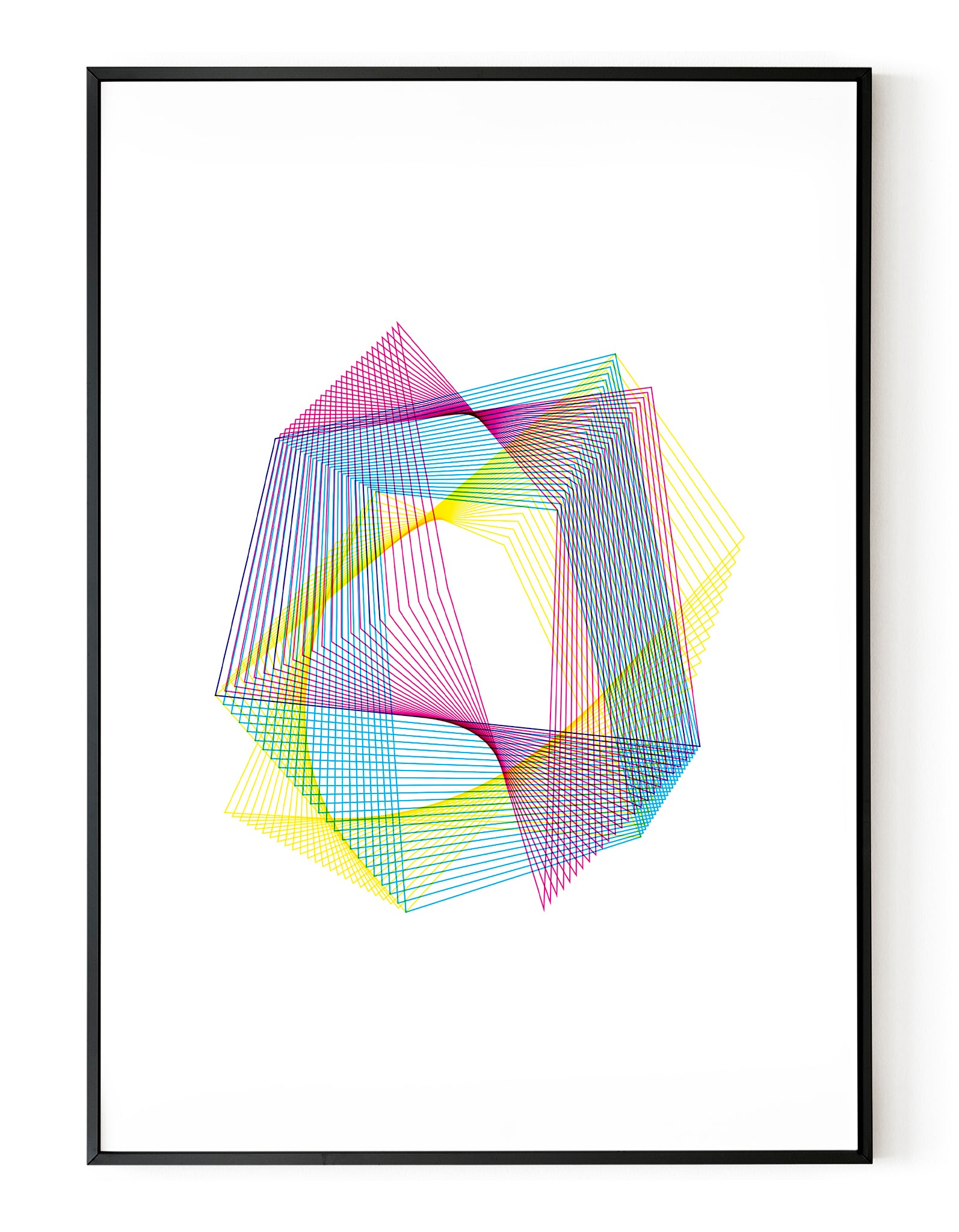 A portrait, abstract screen print on white paper in a black frame, using cyan, magenta and yellow ink.