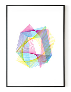 A portrait, abstract screen print on white paper in a black frame, using cyan, magenta and yellow ink.