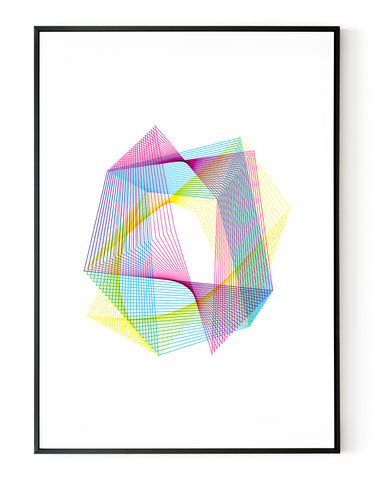 A portrait, abstract screen print on white paper in a black frame, using cyan, magenta and yellow ink.