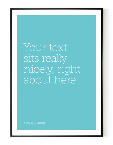 A portrait, personalised, typographic giclée print in a black frame.