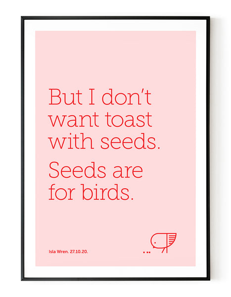 A portrait ‘seeds are for birds’, personalised, typographic giclée print in a black frame.