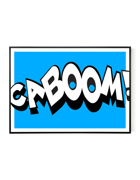 A bold landscape giclée print with ‘Caboom’ statement message, on white paper in a black frame, using cyan and black inks.