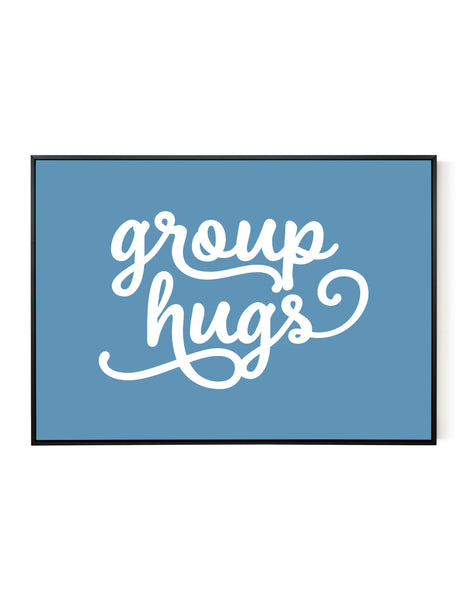 A landscape ‘group hugs’ giclée print, on white paper in a black frame, using pastel blue ink.