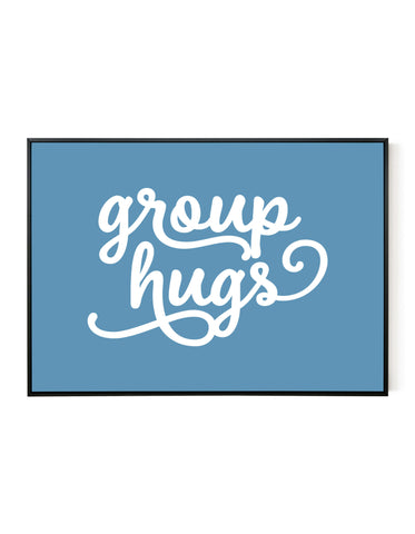 A landscape ‘group hugs’ giclée print, on white paper in a black frame, using pastel blue ink.
