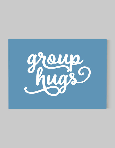 A landscape ‘group hugs’ giclée print, on white paper, using pastel blue ink.