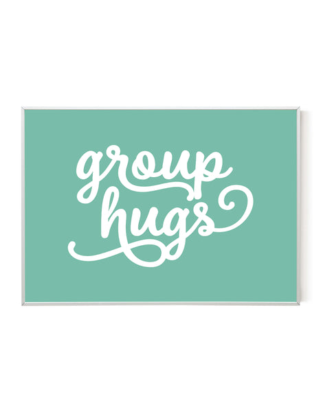 A landscape ‘group hugs’ giclée print, on white paper in a white frame, using pastel green ink.