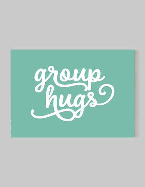 A landscape ‘group hugs’ giclée print, on white paper, using pastel green ink.