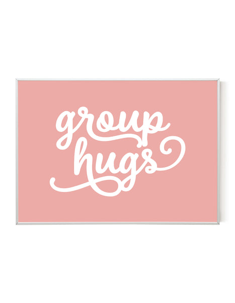 A landscape ‘group hugs’ giclée print, on white paper in a white frame, using pastel pink ink.