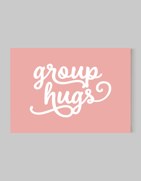 A landscape ‘group hugs’ giclée print, on white paper, using pastel pink ink.