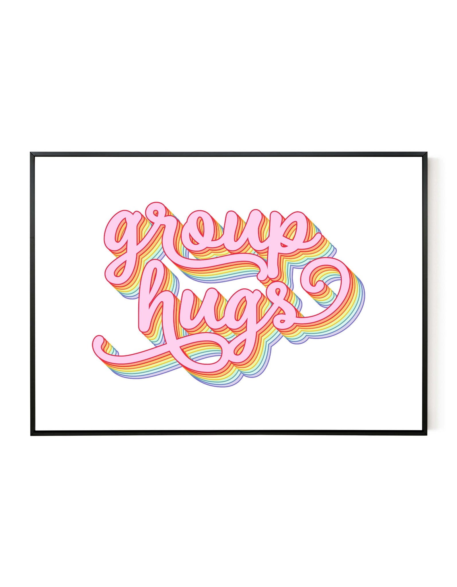 A landscape ‘group hugs’ giclée print on white paper in a black frame, using fun rainbow colours.