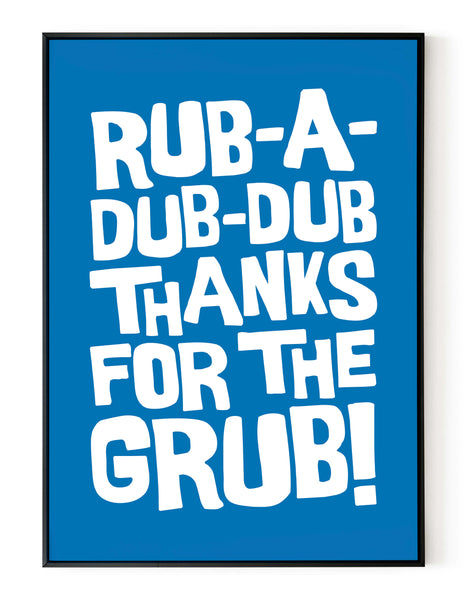 A portrait ‘rub-a-dub-dub’ giclée print, on white paper in black frame, using french blue ink.