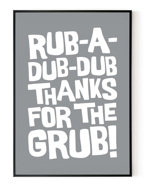 A portrait ‘rub-a-dub-dub’ giclée print, on white paper in black frame, using ultimate grey ink.
