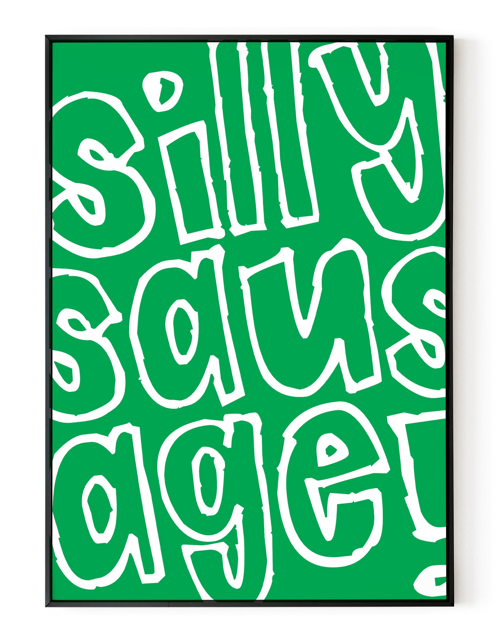 A portrait ‘silly sausage’ giclée print, on white paper in black frame, using vibrant green ink.