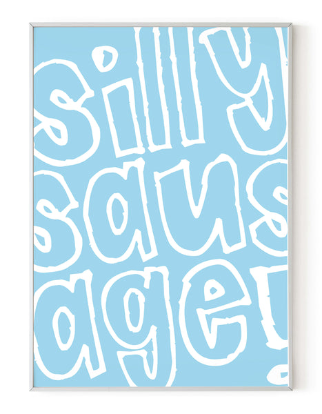 A portrait ‘silly sausage’ giclée print, on white paper in a white frame, using pastel blue ink.