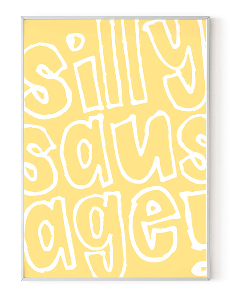 A portrait ‘silly sausage’ giclée print, on white paper in a white frame, using pastel yellow ink.