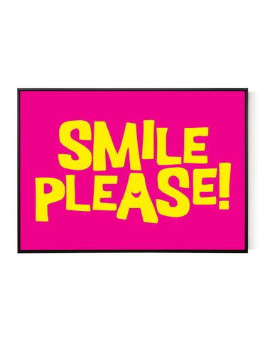 A landscape ‘smile please’ giclée print, on white paper in a black frame, using bright yellow and magenta inks.