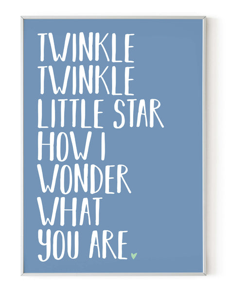 A portrait ‘twinkle twinkle little star’ lyrics giclée print, on white paper in a white frame, using pastel blue ink.