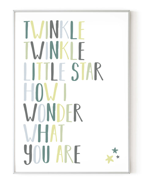 A portrait ‘twinkle twinkle little star’ lyrics giclée print, on white paper in a white frame, using green pastel shades.