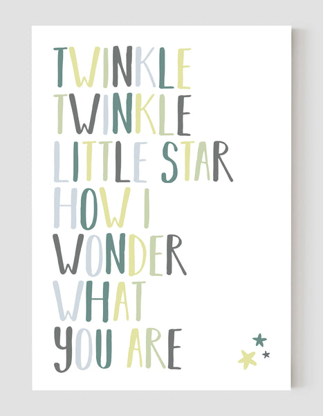 A portrait ‘twinkle twinkle little star’ lyrics giclée print, on white paper, using green pastel shades.