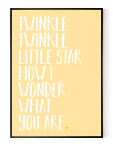 A portrait ‘twinkle twinkle little star’ lyrics giclée print, on white paper in a black frame, using pastel yellow ink.
