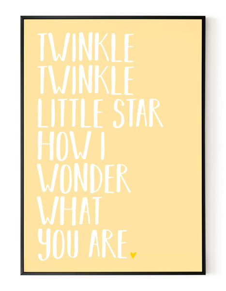 A portrait ‘twinkle twinkle little star’ lyrics giclée print, on white paper in a black frame, using pastel yellow ink.