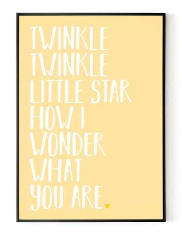 A portrait ‘twinkle twinkle little star’ lyrics giclée print, on white paper in a black frame, using pastel yellow ink.