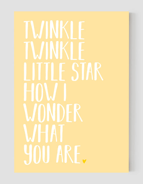 A portrait ‘twinkle twinkle little star’ lyrics giclée print, on white paper, using pastel yellow ink.