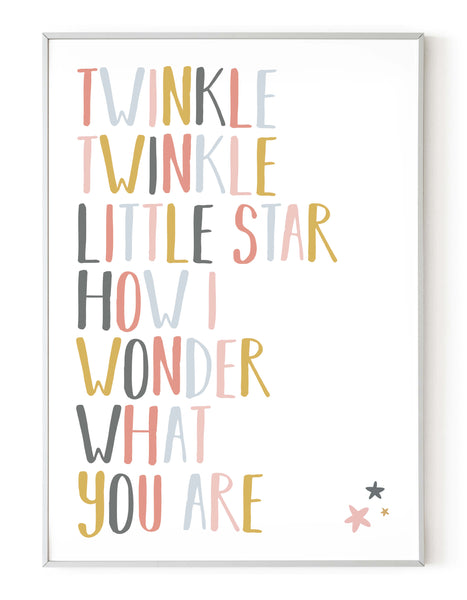 A portrait ‘twinkle twinkle little star’ lyrics giclée print, on white paper in a white frame, using peachy pastel shades.