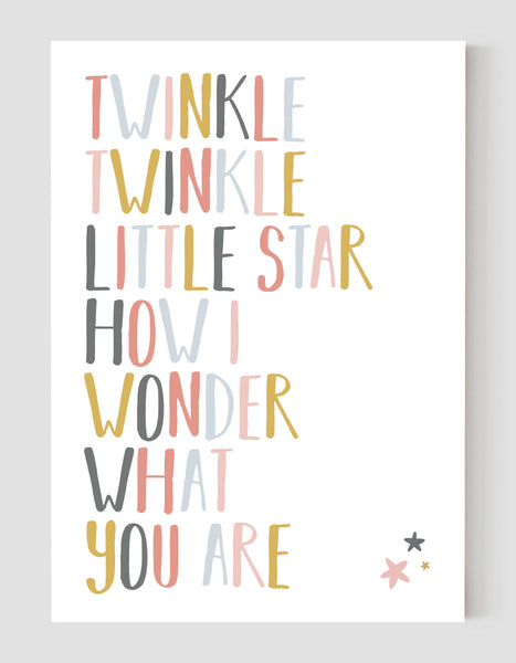 A portrait ‘twinkle twinkle little star’ lyrics giclée print, on white paper, using peachy pastel shades.