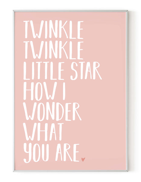 A portrait ‘twinkle twinkle little star’ lyrics giclée print, on white paper in a white frame, using pastel pink ink.