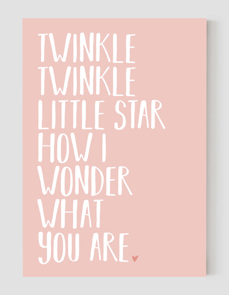 A portrait ‘twinkle twinkle little star’ lyrics giclée print, on white paper, using pastel pink ink.
