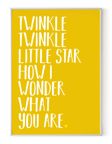 A portrait ‘twinkle twinkle little star’ lyrics giclée print, on white paper in a white frame, using yellow ink.