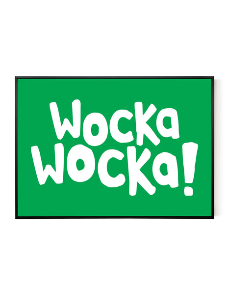 A landscape ‘Wocka Wocka’ giclée print, on white paper in a black frame, using bright green ink.