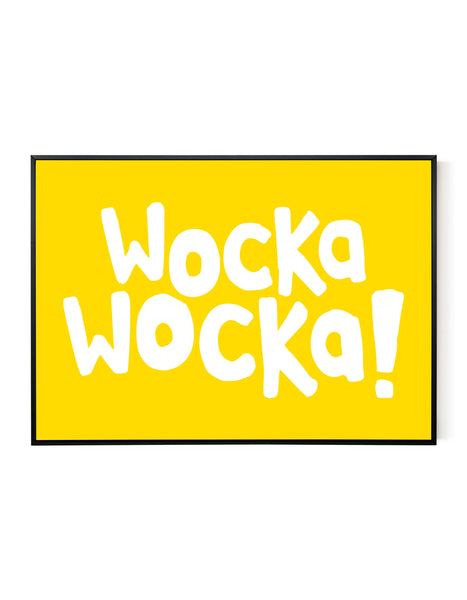 A landscape ‘Wocka Wocka’ giclée print, on white paper in a black frame, using bright yellow ink.