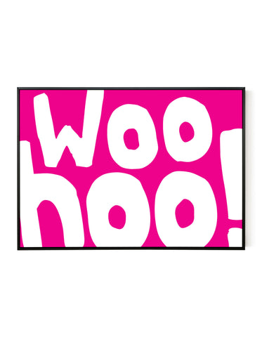 A landscape ‘Woo Hoo’ giclée print, on white paper in a black frame, using pink ink.
